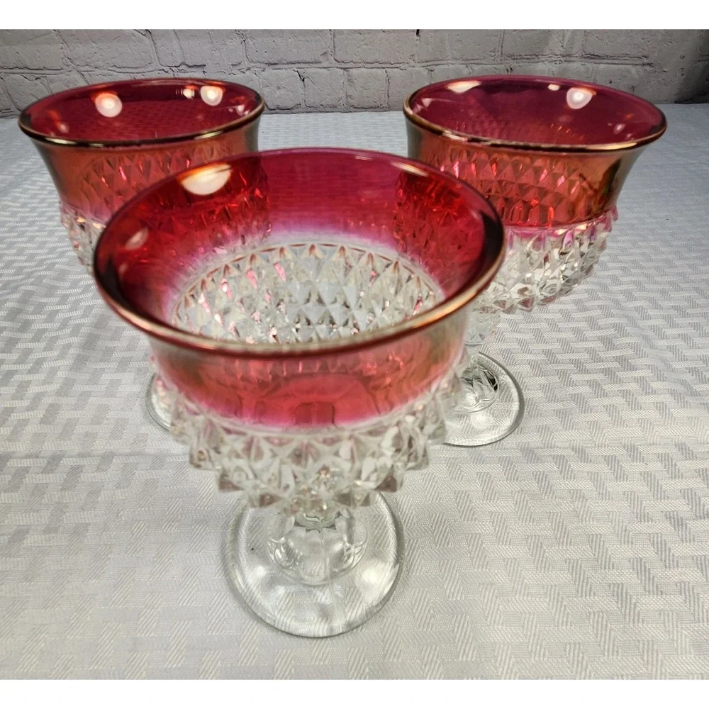 3-Indiana Glass Diamond Point Ruby Cranberry Flashed Tall Goblet Glasses Vintage